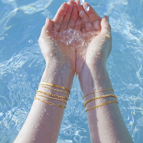 Sanfenly 8Pcs Gold Bracelets For Women, 14K Real Gold Plated Dainty Trendy Stackable Stacking Bracelets Chain Charm Link Paperclip Beaded Bracelet Stainless Steel Stretch Layered Women's Bracelet Sets in Kuwait