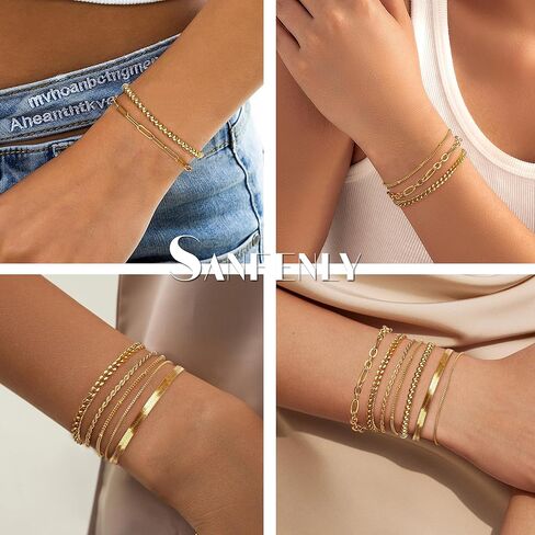 Sanfenly 8Pcs Gold Bracelets For Women, 14K Real Gold Plated Dainty Trendy Stackable Stacking Bracelets Chain Charm Link Paperclip Beaded Bracelet Stainless Steel Stretch Layered Women's Bracelet Sets in Kuwait