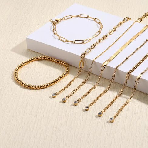 Sanfenly 8Pcs Gold Bracelets For Women, 14K Real Gold Plated Dainty Trendy Stackable Stacking Bracelets Chain Charm Link Paperclip Beaded Bracelet Stainless Steel Stretch Layered Women's Bracelet Sets in Kuwait