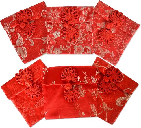 بلييو 6 قطع من أكياس الحرير الصيني الاحمر جيوب حمراء مغلفات السنة الجديدة هونغ باو حقائب هدايا لمهرجان الربيع والزفاف واعياد الميلاد in Kuwait