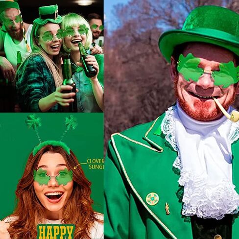 انجيني نظارات عيد القديس باتريك، نظارات خضراء بتصميم اوراق نبات النفل الايرلندي، اطار معدني، نظارات شمسية لعيد القديس باتريك، اكسسوارات تنكرية لهدايا الحفلات in Kuwait