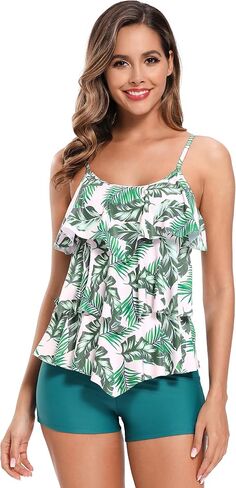 SHEKINI Women's Tankini Set Ruffle Flounce Swimsuit Floral Print Bikini with Boyshorts in Saudi Arabia