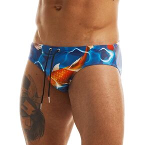 MIZOK Men's Sexy Bikini Swim Briefs Quick Dry Printed Swimsuit Beach Swimwear with Drawstring