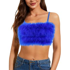 Tynora Women's Faux Fur Crop Top Spaghetti Strap Tube Tops Strappy Cami for Concert Club Party