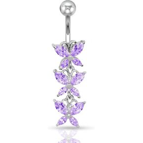 Pierce2GO Anodized Silver 316L 3 Butterflies Dangle Belly Ring with CZ Stones in Kuwait