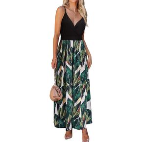 VOTEPRETTY Womens V Neck Wrap Spaghetti Strap Summer Casual Beach Floral Pockets Maxi Dress