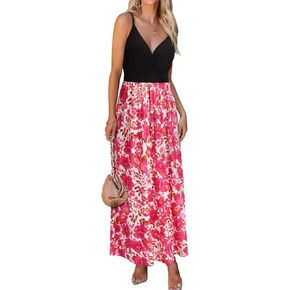 VOTEPRETTY Womens V Neck Wrap Spaghetti Strap Summer Casual Beach Floral Pockets Maxi Dress