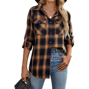 Blooming Jelly Women's Flannel Shirts Plaid Shacket Button Down Business Casual Blouse Roll Up Long Sleeve Fall Tops