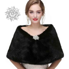 Sakytal Women’s Wedding Faux Fur Wraps and shawls Fur Stole Shrug with Rhinestone Brooch for Bride and Bridesmaids