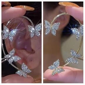 Rannyrena Rhinestone Butterfly Tassel Ear Cuffs 1 Pair No Piercing Cartilage Climber Ear Wrap Glitter Crystal Lariat Chain Fringe Clip on Earrings for Women and Girls (Silver butterfly wing)