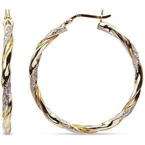 LeCalla Real 925 Sterling Silver Textured Two-Tone Three-Tone 14K Gold Plated Lightweight Italian Design Hoop Earrings for Women Diameter 25,30,40,45,50mm