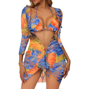 Womens 3 Pieces Bikini Sets Triangle Halter Swimsuits Thong Bottoms with Mesh Swim Cover Up Dress Tie Dye Bathing Suits