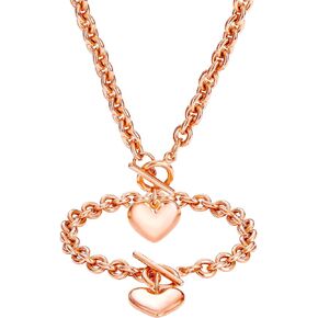 WinTrend Heart Pendant Bracelet & Necklace for Women Girls 316L Stainless Steel Silver Chain Necklace with Toggle Clasp (Bracelet of 8", Necklace of 18")