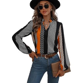 SweatyRocks Women's Elegant Long Sleeve V Neck Shirt Argyle Print Pullover Blouse Top