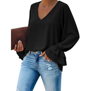 بلوزة نسائية من Vetinee برقبة على شكل حرف V مكشكشة وأكمام طويلة على شكل جرس، بلوزة فضفاضة غير رسمية in Kuwait