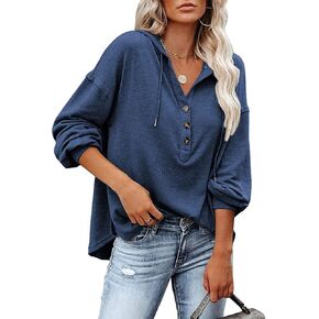 LuckyMore Women's Sweatshirts Hoodie Casual V Neck Long Sleeve Button Pullover Tunic Tops