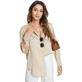 Atnlewhi Womens Long Sleeve Button Down Satin Silk Shirts Casual Business Smooth Blouse Tops