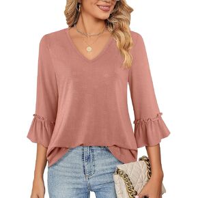 Messic Blouses for Women Dressy Casual 3/4 Length Bell Sleeve Tops V Neck T Shirts Tunic