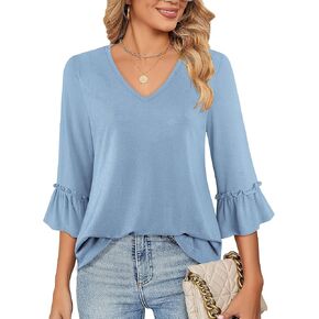 بلوزات ميسيك للنساء كاجوال أنيقة بطول 3/4 وأكمام جرس ورقبة على شكل حرف V وتي شيرت تونيك in Kuwait