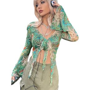 Verdusa Women's Tie Front Bell Long Sleeve Blouse Graphic Sheer Mesh Crop Top