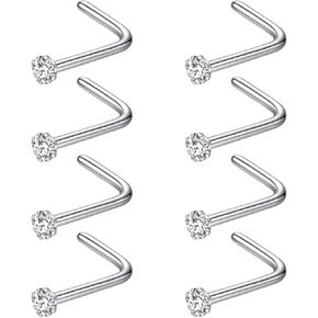 PunkTracker 8Pcs Nose Rings Studs 316L Surgical Steel Nose Studs 1.5mm 2mm 2.5mm 3mm CZ Nostril Piercing Jewelry L Shaped Nose Rings for Women Men 20g/18g in Kuwait