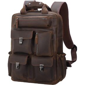 Masa Kawa Genuine Leather Backpack for Men Vintage 15.6 Inch Laptop Bag Multi Pockets Rucksack Casual Travel Daypack Brown
