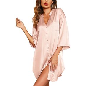 Ekouaer Satin Nightgowns for Women Silk Sleepwear Button Down Sleepshirt 3/4 Sleeve V-Neck Nightshirts with Pockets