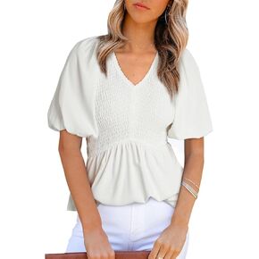 Acelitt Women's Puff Short Sleeve Peplum Top V Neck Smocked Blouses Dressy Shirt