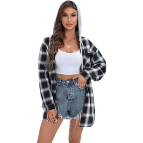 Women's Plaid Flannel Shirts Hoodie Long Sleeve Oversized Shirt Jacket Button Down Blouse Tops