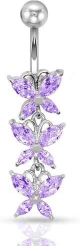 Pierce2GO Anodized Silver 316L 3 Butterflies Dangle Belly Ring with CZ Stones in Kuwait