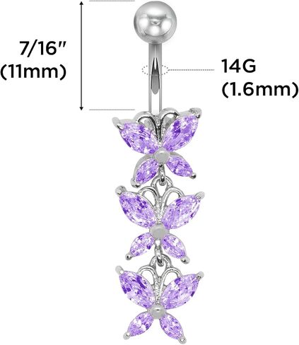 Pierce2GO Anodized Silver 316L 3 Butterflies Dangle Belly Ring with CZ Stones in Kuwait