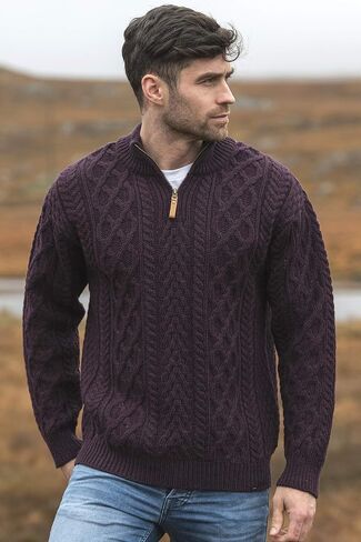 Aran Crafts Men's Irish Soft Cable Knitted Zip Neck Jacket (100% Merino Wool) in Kuwait
