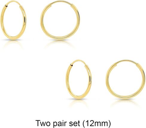 14K Gold Thin Endless Hoop Earring Set, Two Pair or Three Pair Sets of Popular Size Combos, Available in White and Yellow Gold in Kuwait