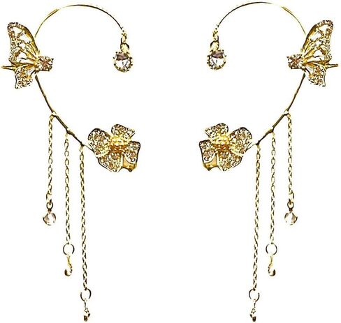 Rhinestone Crystal-Silver and 18K Gold Plated No Piercing Crystal Butterfly Ear Clip Glitter Iced Out Cubic Zirconia CZ Butterfly Ear Cuff Earrings in Kuwait