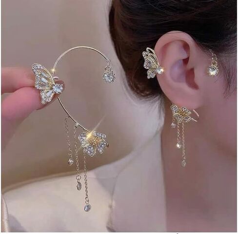 Rhinestone Crystal-Silver and 18K Gold Plated No Piercing Crystal Butterfly Ear Clip Glitter Iced Out Cubic Zirconia CZ Butterfly Ear Cuff Earrings in Kuwait