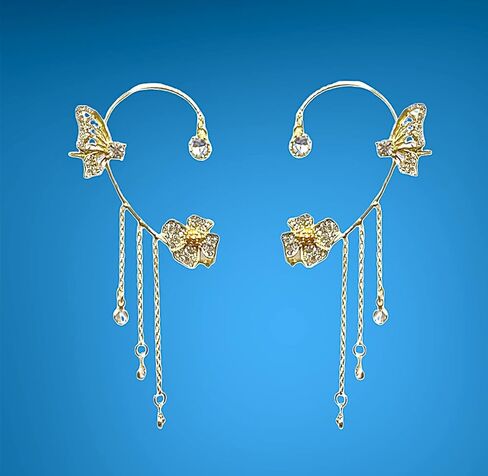 Rhinestone Crystal-Silver and 18K Gold Plated No Piercing Crystal Butterfly Ear Clip Glitter Iced Out Cubic Zirconia CZ Butterfly Ear Cuff Earrings in Kuwait