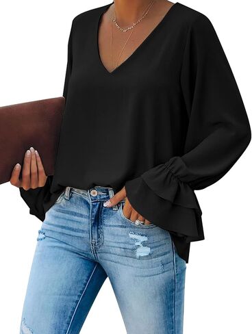 بلوزة نسائية من Vetinee برقبة على شكل حرف V مكشكشة وأكمام طويلة على شكل جرس، بلوزة فضفاضة غير رسمية in Kuwait