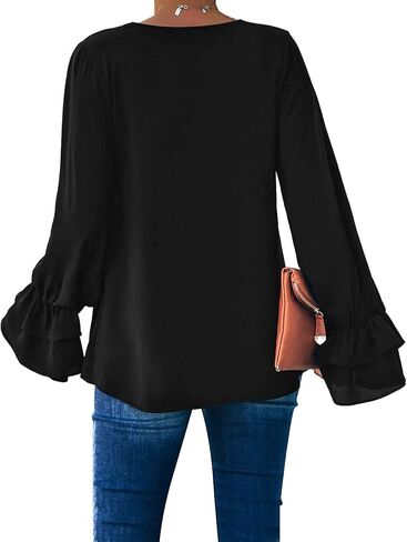 بلوزة نسائية من Vetinee برقبة على شكل حرف V مكشكشة وأكمام طويلة على شكل جرس، بلوزة فضفاضة غير رسمية in Kuwait