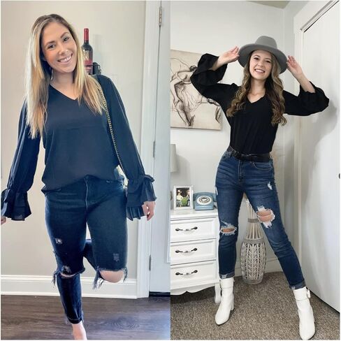 بلوزة نسائية من Vetinee برقبة على شكل حرف V مكشكشة وأكمام طويلة على شكل جرس، بلوزة فضفاضة غير رسمية in Kuwait