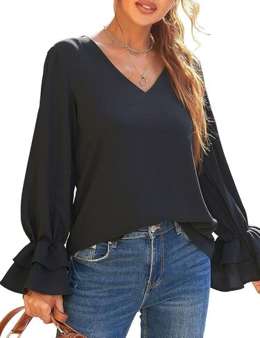 بلوزة نسائية من Vetinee برقبة على شكل حرف V مكشكشة وأكمام طويلة على شكل جرس، بلوزة فضفاضة غير رسمية in Kuwait