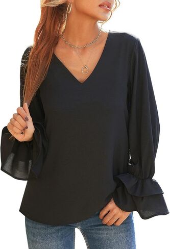 بلوزة نسائية من Vetinee برقبة على شكل حرف V مكشكشة وأكمام طويلة على شكل جرس، بلوزة فضفاضة غير رسمية in Kuwait