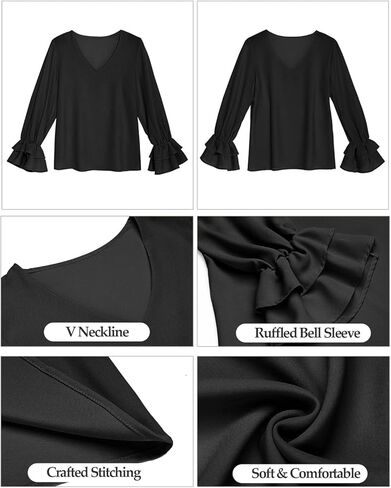 بلوزة نسائية من Vetinee برقبة على شكل حرف V مكشكشة وأكمام طويلة على شكل جرس، بلوزة فضفاضة غير رسمية in Kuwait