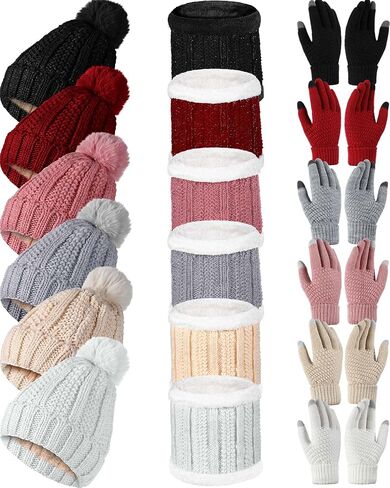 Suhine 18 Pcs Winter Beanie Hat Scarf and Touch Screen Gloves Sets for Women Include 6 Pcs Warm Slouchy Knit Pom Cable Cap 6 Pcs Fleece Lined Fur Scarfs 6 Pair Thermal Gloves for Women Ski Christmas in Saudi Arabia