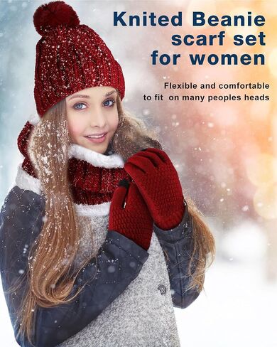 Suhine 18 Pcs Winter Beanie Hat Scarf and Touch Screen Gloves Sets for Women Include 6 Pcs Warm Slouchy Knit Pom Cable Cap 6 Pcs Fleece Lined Fur Scarfs 6 Pair Thermal Gloves for Women Ski Christmas in Saudi Arabia