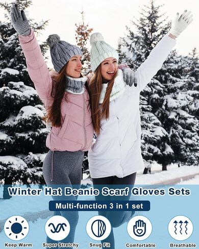 Suhine 18 Pcs Winter Beanie Hat Scarf and Touch Screen Gloves Sets for Women Include 6 Pcs Warm Slouchy Knit Pom Cable Cap 6 Pcs Fleece Lined Fur Scarfs 6 Pair Thermal Gloves for Women Ski Christmas in Saudi Arabia