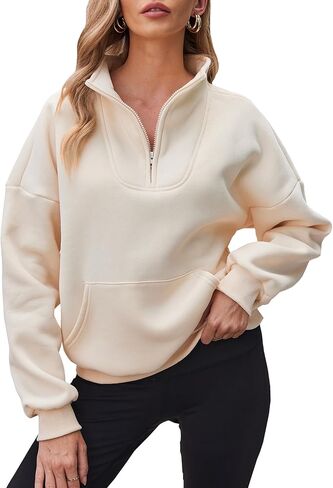 LaLaLa Womens Half Zip Long Sleeve Sweatshirt Oversized Casual Drop Shoulder Fleece Pullover Tops with Pocket in Kuwait