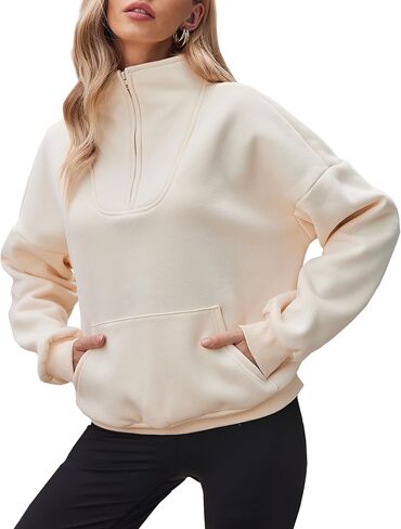 LaLaLa Womens Half Zip Long Sleeve Sweatshirt Oversized Casual Drop Shoulder Fleece Pullover Tops with Pocket in Kuwait