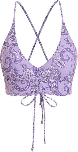 BERLOOK Women's Backless Adjustable Straps Drawstring Paisley Swimsuit Bikini Top in Kuwait
