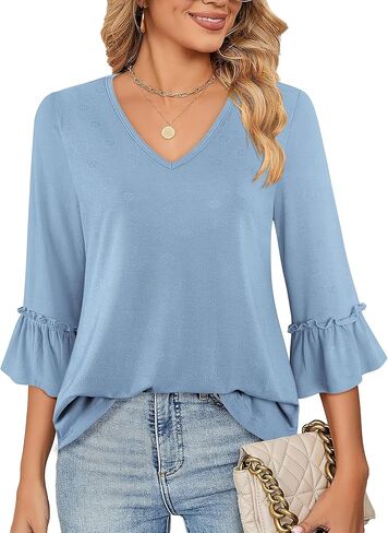 بلوزات ميسيك للنساء كاجوال أنيقة بطول 3/4 وأكمام جرس ورقبة على شكل حرف V وتي شيرت تونيك in Kuwait