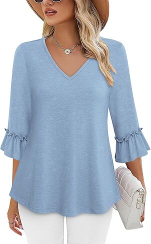 بلوزات ميسيك للنساء كاجوال أنيقة بطول 3/4 وأكمام جرس ورقبة على شكل حرف V وتي شيرت تونيك in Kuwait